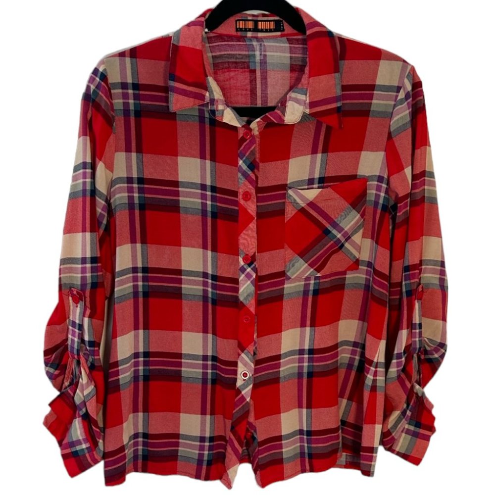 Love Tree Womens SZ LG. Red, white and Blue Plaid Shirt  308